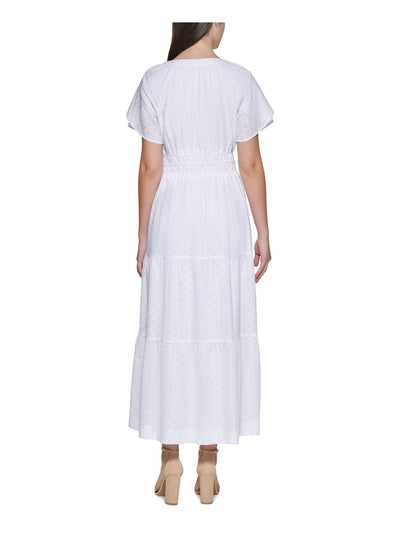 KENSIE DRESSES Womens White Eyelet Elastic Waist Tiered Skirt Lined Short Sleeve Split Maxi Wear To Work Fit + Flare Dress 10