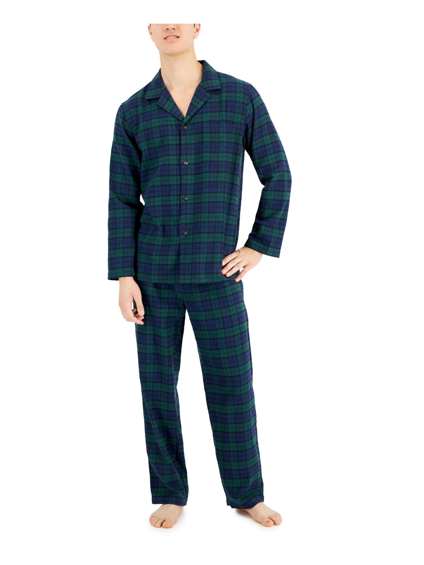 CLUBROOM Mens Navy Plaid Drawstring Long Sleeve Button Up Top Straight leg Pants Pajamas M