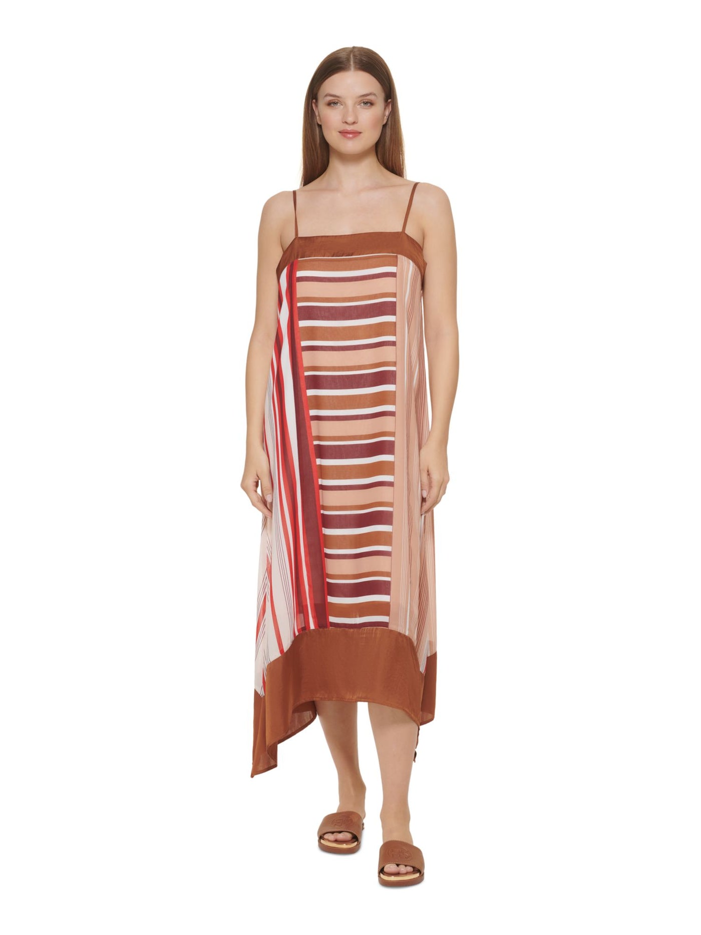 DKNY Womens Beige Adjustable Lined Asymmetrical Hem Pullover Printed Spaghetti Strap Square Neck Maxi Shift Dress M