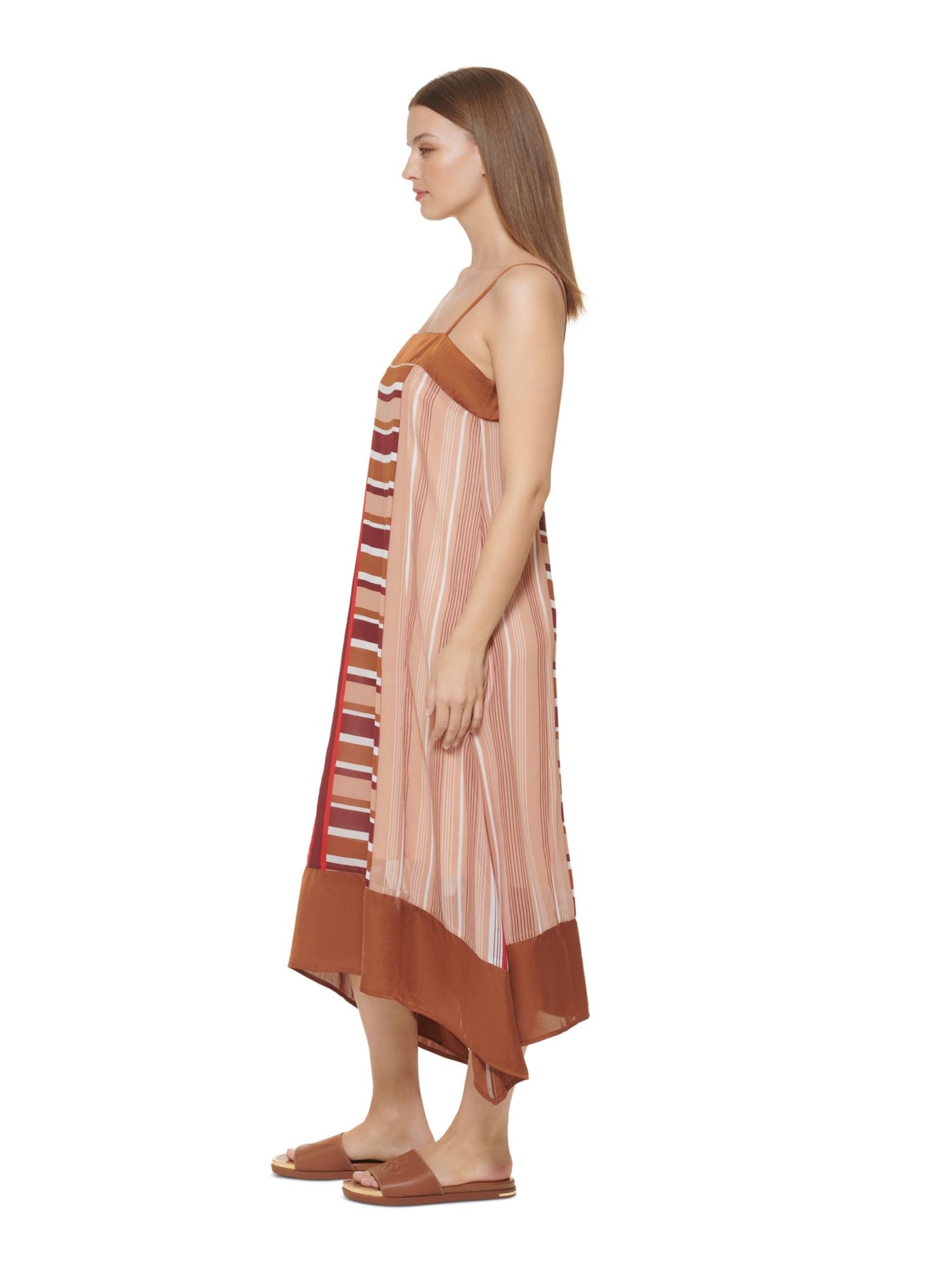 DKNY Womens Beige Adjustable Lined Asymmetrical Hem Pullover Printed Spaghetti Strap Square Neck Maxi Shift Dress M