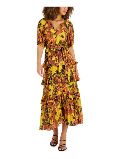 TAYLOR Womens Yellow Ruffled Tie Button Front Tiered Lined Floral Elbow Sleeve V Neck Maxi Fit + Flare Dress Plus 14W