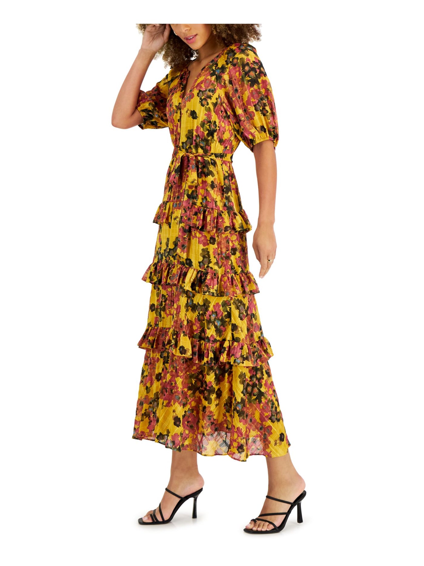 TAYLOR Womens Yellow Ruffled Tie Button Front Tiered Lined Floral Elbow Sleeve V Neck Maxi Fit + Flare Dress Plus 20W