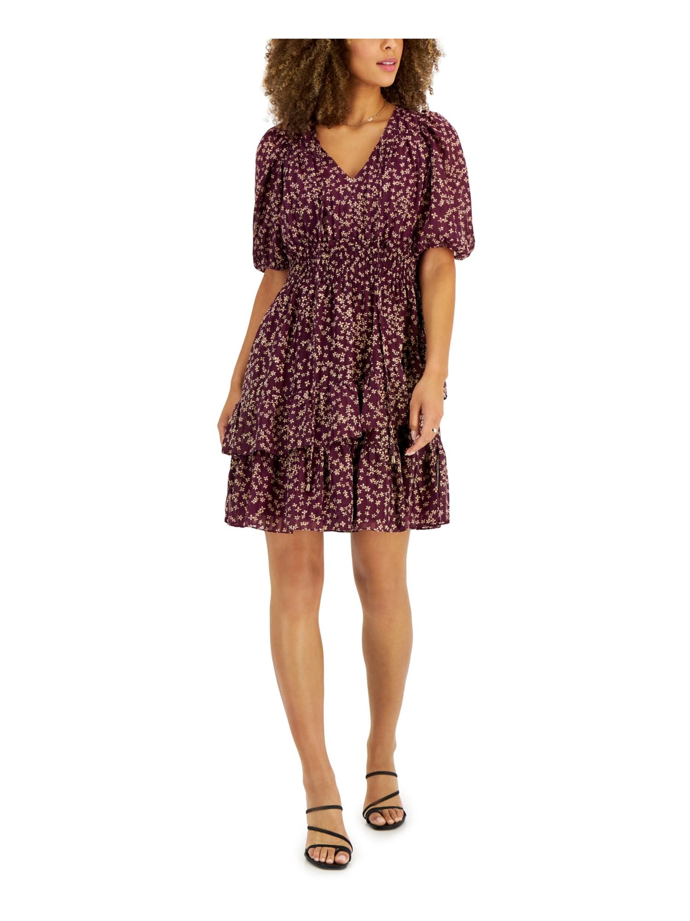 TAYLOR PETITE Womens Purple Lined Smocked Tiered Pullover Sheer Ruffled Floral Pouf Sleeve Split Above The Knee Fit + Flare Dress Petites 4P