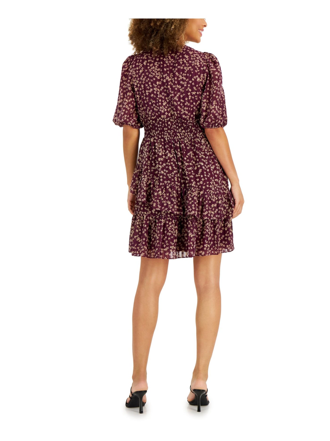 TAYLOR PETITE Womens Purple Lined Smocked Tiered Pullover Sheer Ruffled Floral Pouf Sleeve Split Above The Knee Fit + Flare Dress Petites 4P