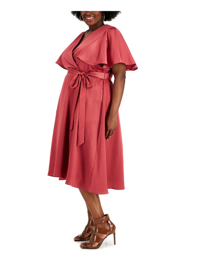 TAYLOR WOMAN Womens Pink Lined Tie Waist Pullover Flutter Sleeve V Neck Below The Knee Cocktail Fit + Flare Dress Plus 24W