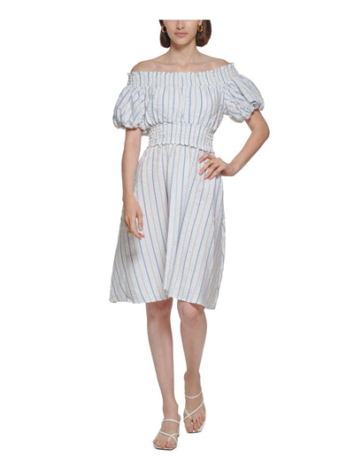 CALVIN KLEIN Womens White Smocked Striped Pouf Sleeve Off Shoulder Above The Knee Fit + Flare Dress 14