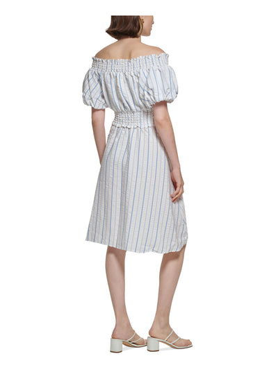 CALVIN KLEIN Womens White Smocked Striped Pouf Sleeve Off Shoulder Above The Knee Fit + Flare Dress 14