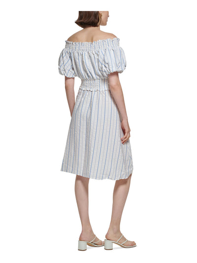 CALVIN KLEIN Womens White Smocked Striped Pouf Sleeve Off Shoulder Above The Knee Fit + Flare Dress 16