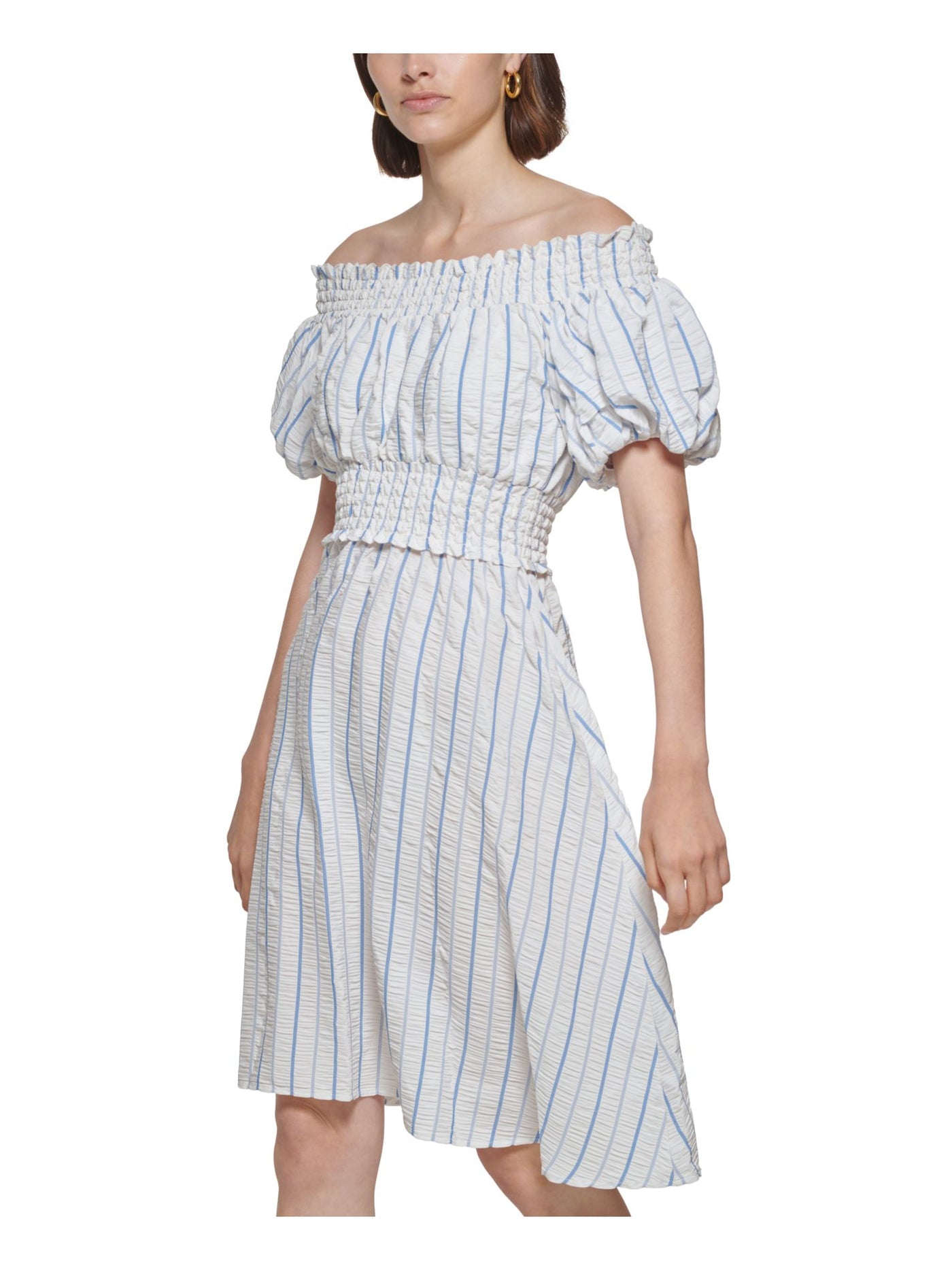 CALVIN KLEIN Womens White Smocked Striped Pouf Sleeve Off Shoulder Above The Knee Fit + Flare Dress 14