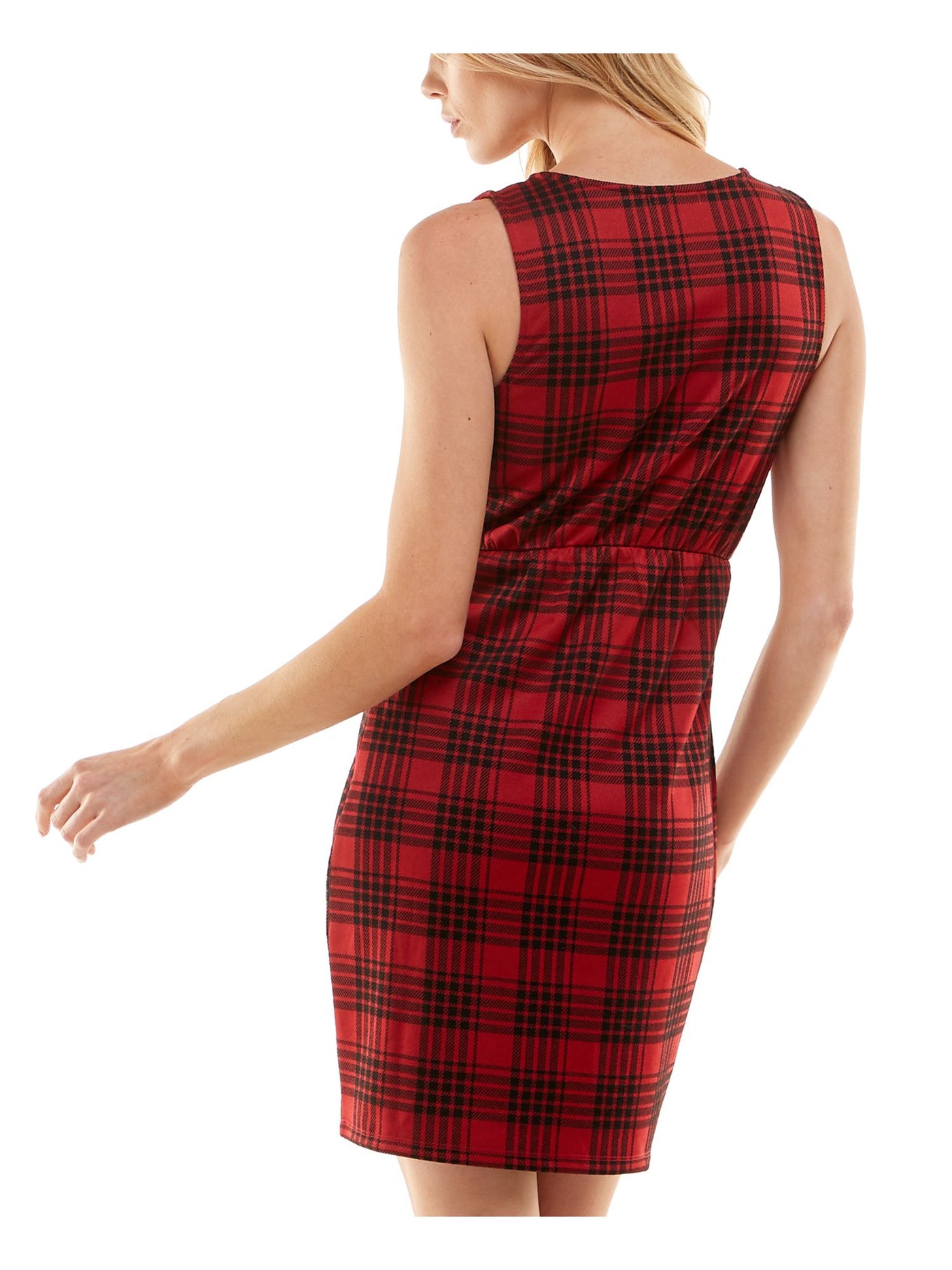 PLANET GOLD Womens Red Unlined Front Half-zip Closure Plaid Sleeveless V Neck Short Body Con Dress Juniors S