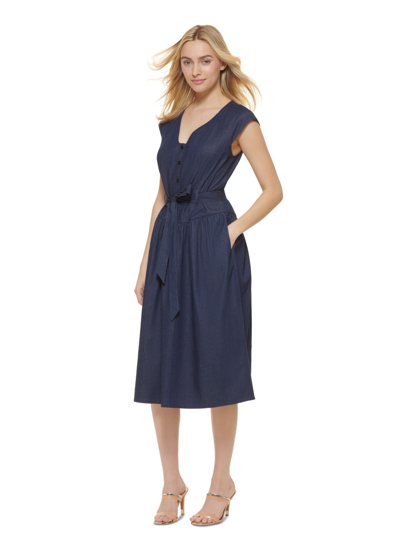 DKNY Womens Navy Zippered Pocketed Button Details Tie Belt Cap Sleeve V Neck Midi Wear To Work Fit + Flare Dress 14