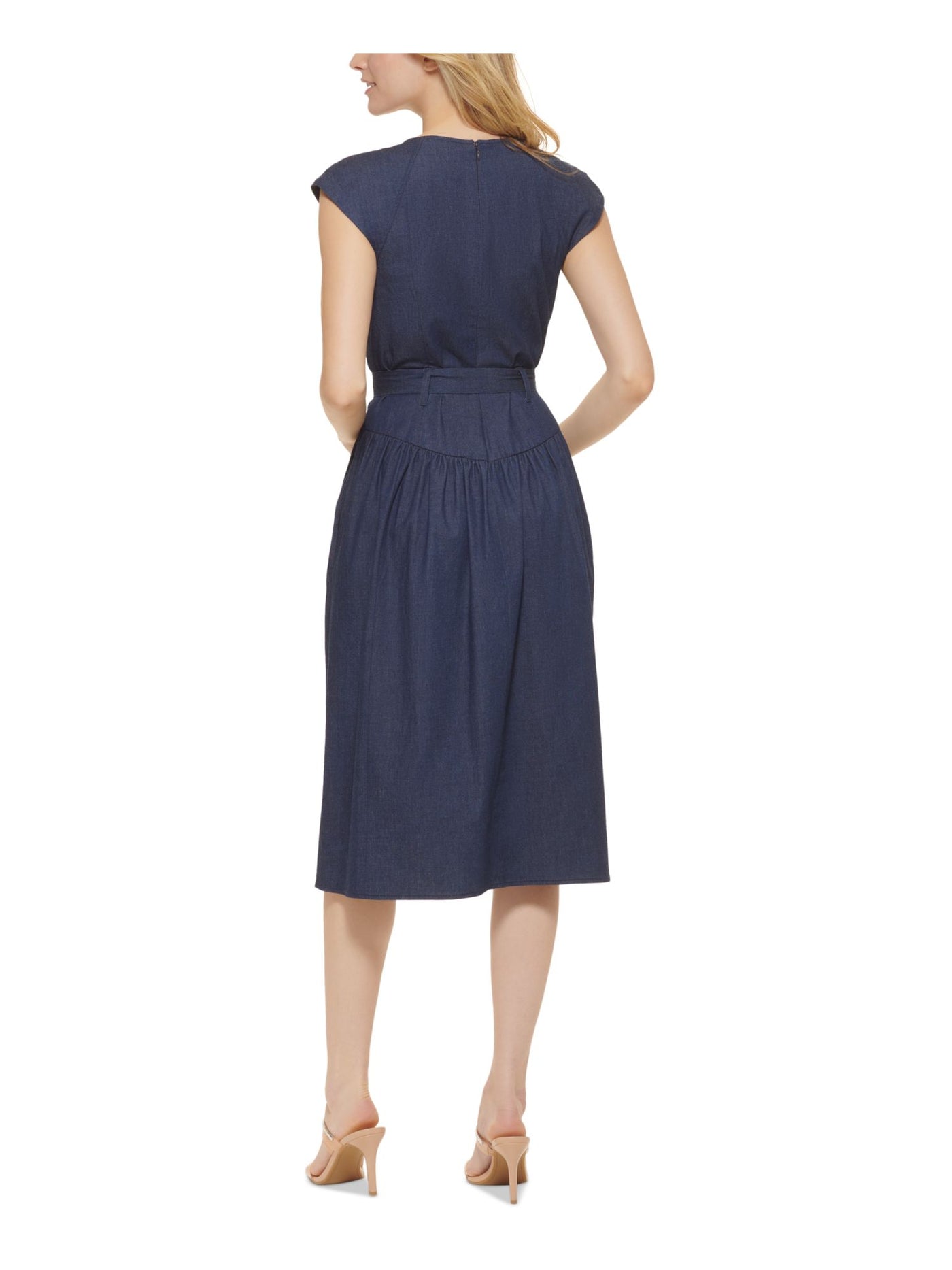 DKNY Womens Blue Zippered Pocketed Button Details Tie Belt Cap Sleeve V Neck Midi Wear To Work Fit + Flare Dress 2