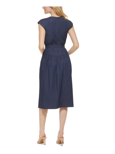 DKNY Womens Blue Zippered Pocketed Button Details Tie Belt Cap Sleeve V Neck Midi Wear To Work Fit + Flare Dress 2