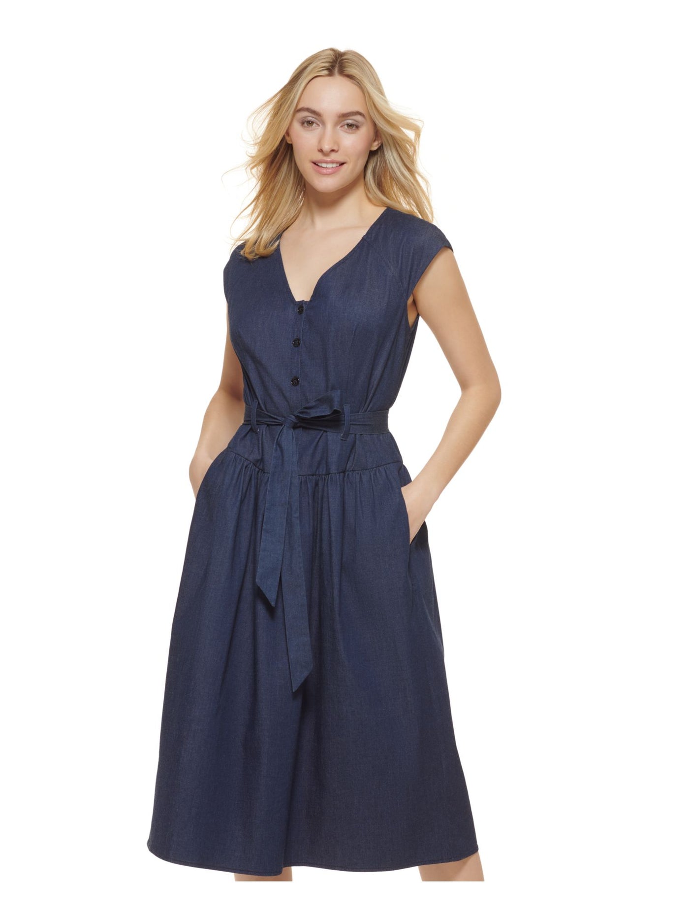 DKNY Womens Navy Zippered Pocketed Button Details Tie Belt Cap Sleeve V Neck Midi Wear To Work Fit + Flare Dress 10