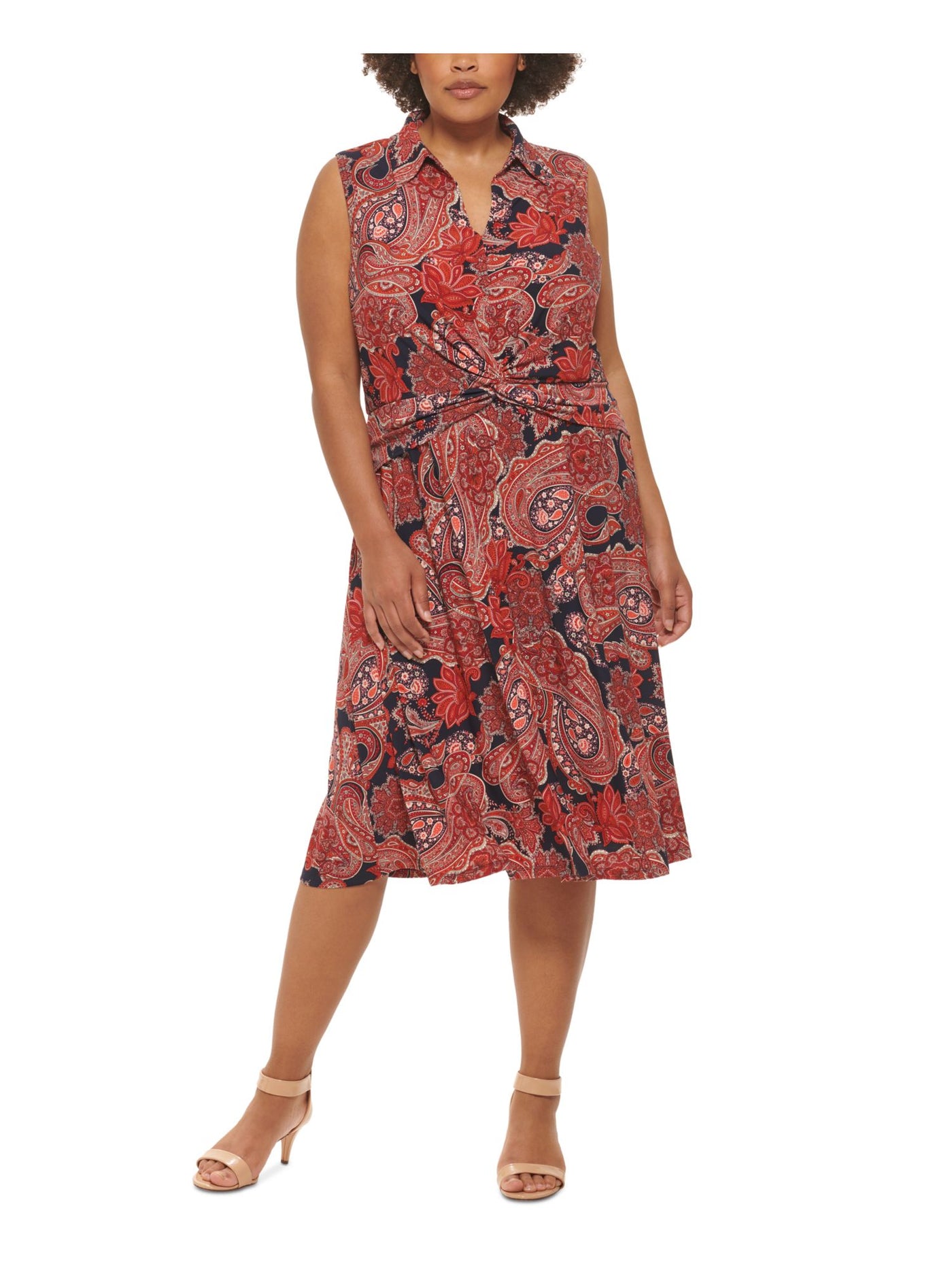 TOMMY HILFIGER Womens Navy Twist Front Paisley Sleeveless V Neck Midi Fit + Flare Dress Plus 22W