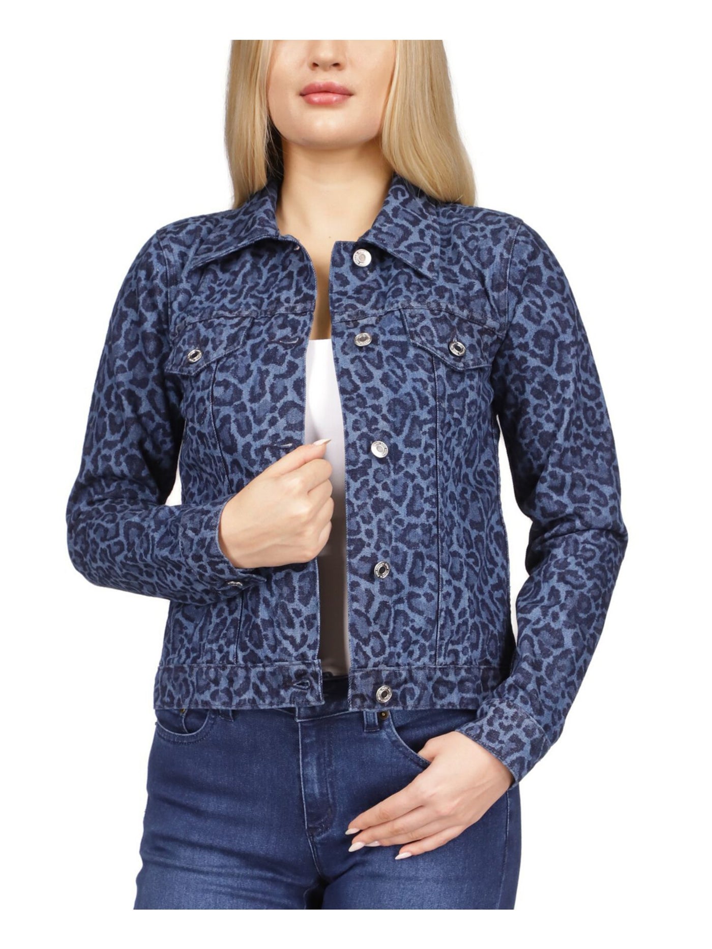MICHAEL MICHAEL KORS Womens Navy Pocketed Button Up Spread Collar Animal Print Denim Jacket M