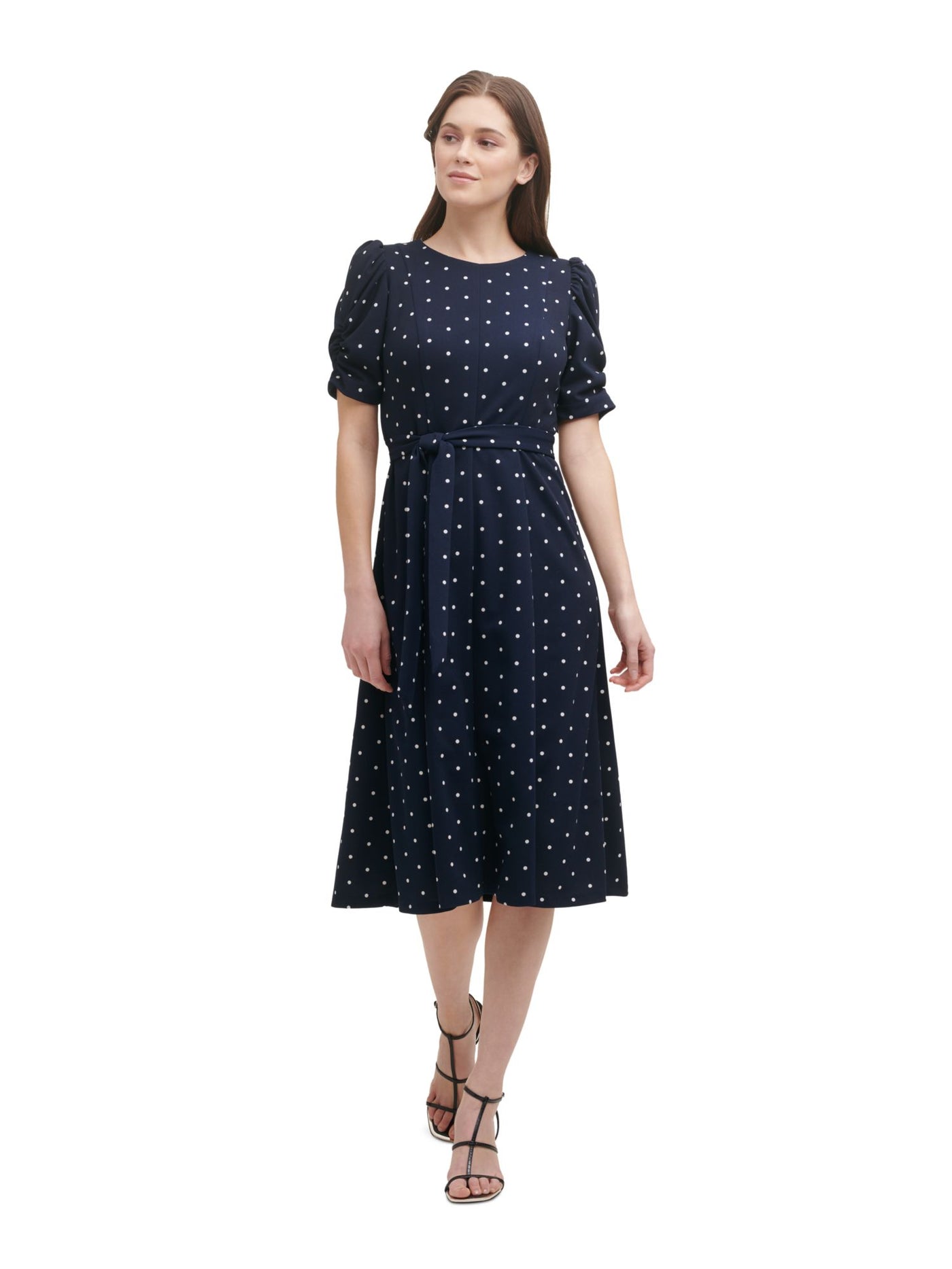 DKNY Womens Navy Zippered Ruched Sleeve Self-tie Belt Polka Dot Round Neck Midi Wear To Work Fit + Flare Dress Petites 2P