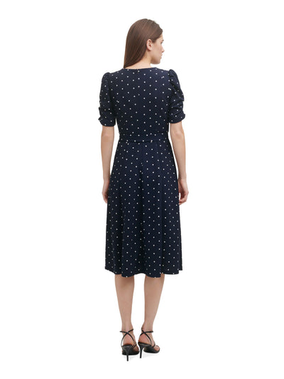 DKNY Womens Navy Zippered Ruched Sleeve Self-tie Belt Polka Dot Round Neck Midi Wear To Work Fit + Flare Dress Petites 2P