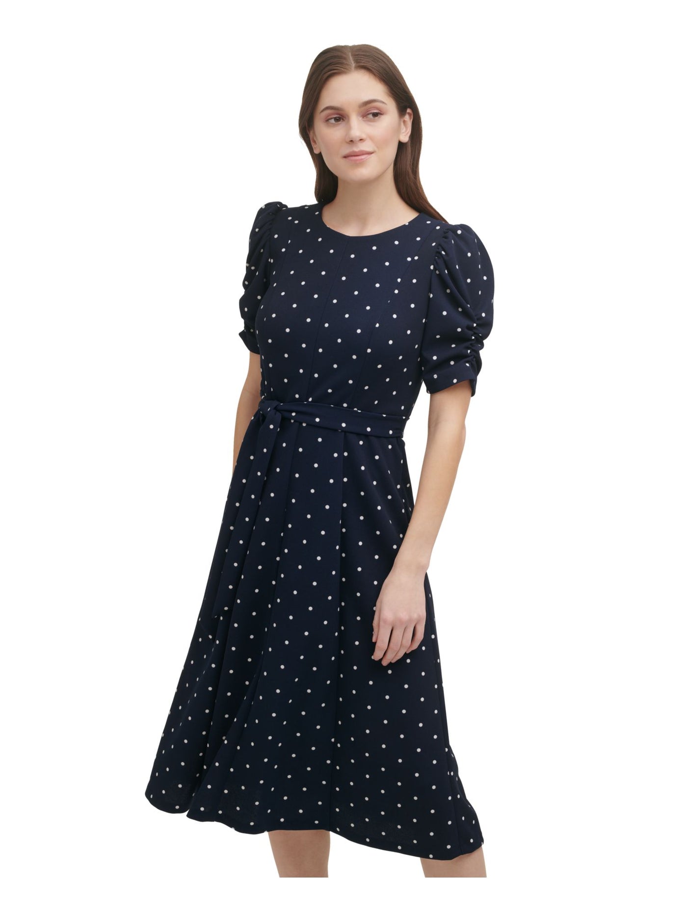 DKNY Womens Navy Zippered Ruched Sleeve Self-tie Belt Polka Dot Round Neck Midi Wear To Work Fit + Flare Dress Petites 2P