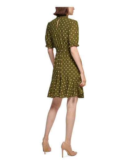 TOMMY HILFIGER Womens Green Ruffled Belted Elastic Waist Cuffs Polka Dot Short Sleeve Mock Neck Above The Knee Party Fit + Flare Dress 2