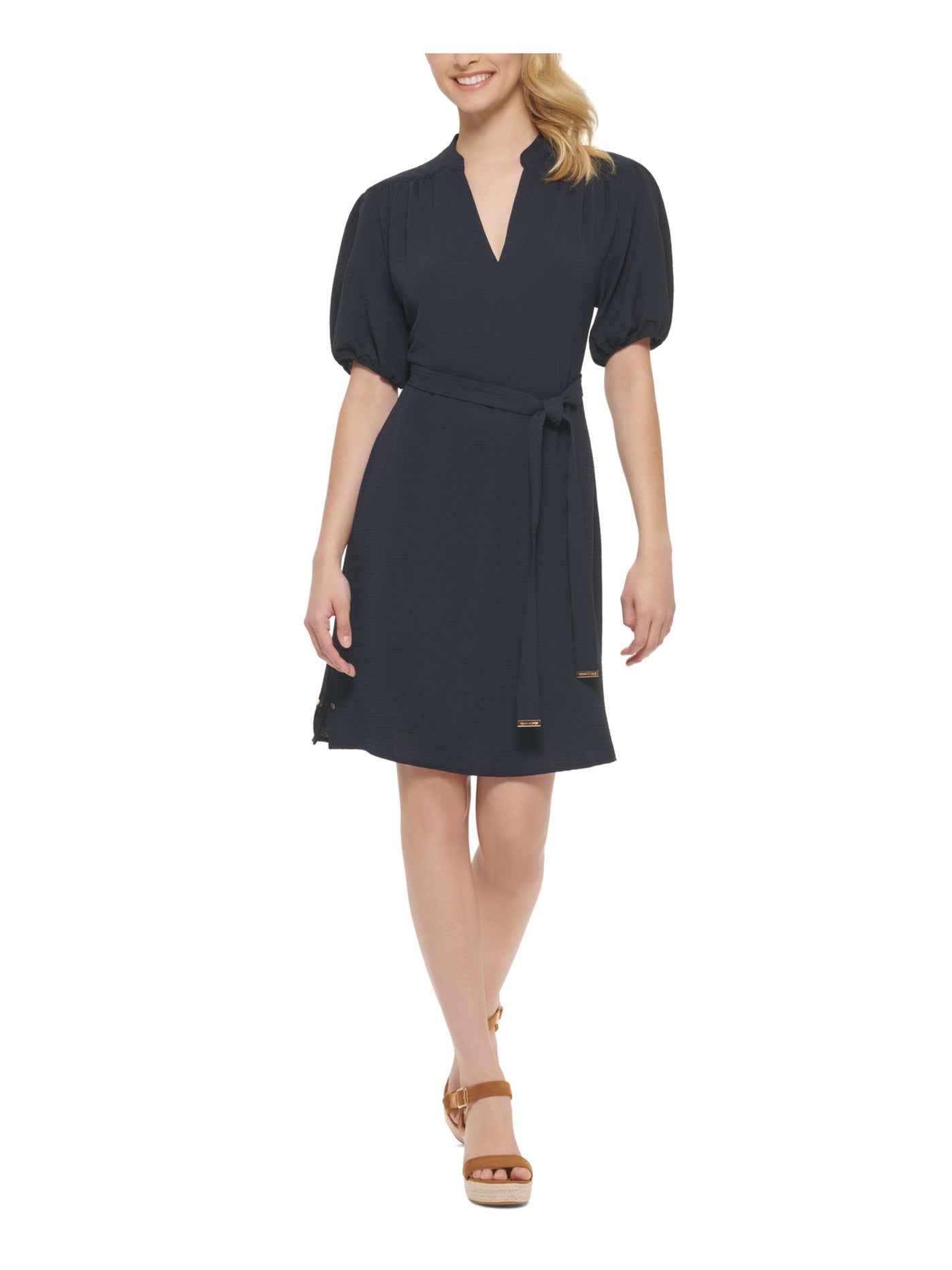 TOMMY HILFIGER Womens Navy Ruched Tie Unlined Pullover Vented Studded Balloon Sleeve Split Above The Knee Shift Dress 14