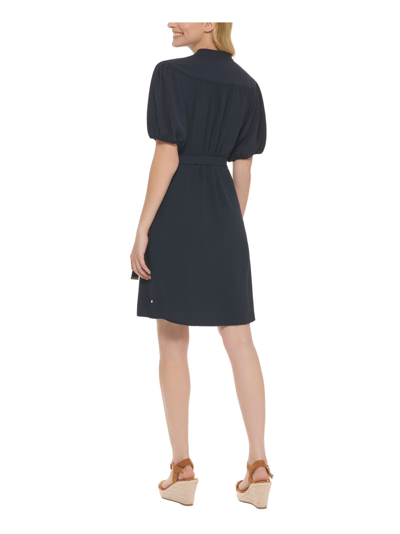 TOMMY HILFIGER Womens Navy Ruched Tie Unlined Pullover Vented Studded Balloon Sleeve Split Above The Knee Shift Dress 8