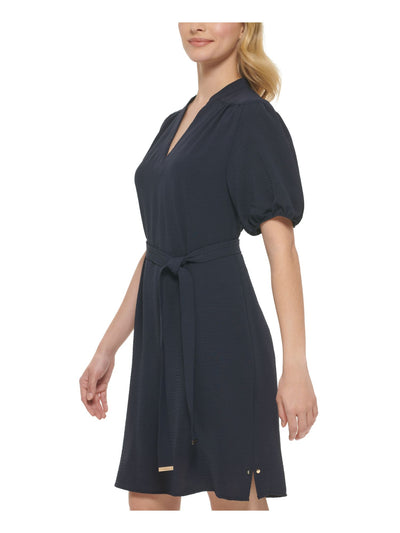 TOMMY HILFIGER Womens Navy Ruched Tie Unlined Pullover Vented Studded Balloon Sleeve Split Above The Knee Shift Dress 8