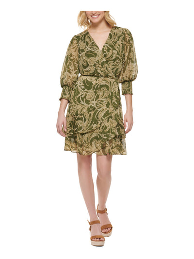 TOMMY HILFIGER Womens Green Zippered Lined Sheer Tie Belt Wrap Look Floral 3/4 Sleeve Surplice Neckline Above The Knee Fit + Flare Dress 14