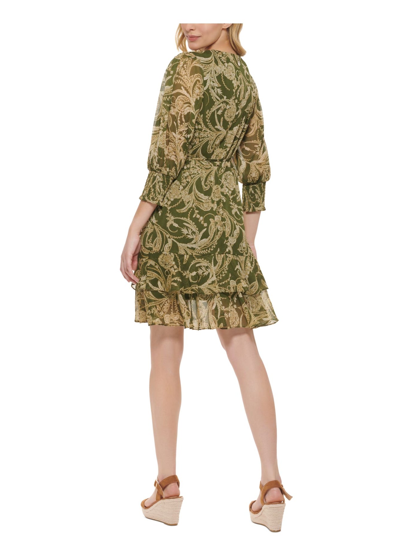 TOMMY HILFIGER Womens Green Zippered Lined Sheer Tie Belt Wrap Look Floral 3/4 Sleeve Surplice Neckline Above The Knee Fit + Flare Dress 8
