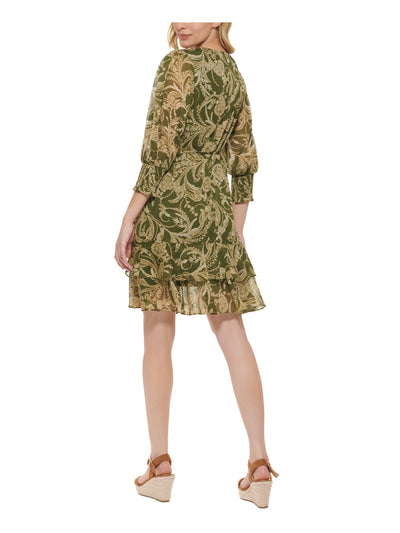 TOMMY HILFIGER Womens Green Zippered Lined Sheer Tie Belt Wrap Look Floral 3/4 Sleeve Surplice Neckline Above The Knee Fit + Flare Dress 6