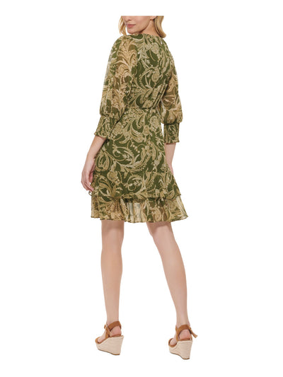 TOMMY HILFIGER Womens Green Zippered Lined Sheer Tie Belt Wrap Look Floral 3/4 Sleeve Surplice Neckline Above The Knee Fit + Flare Dress 14