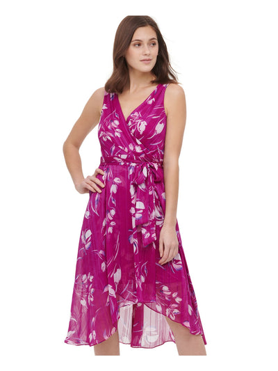 DKNY Womens Purple Pleated Zippered Tie-belt Lined Printed Sleeveless Surplice Neckline Below The Knee Party Faux Wrap Dress 4