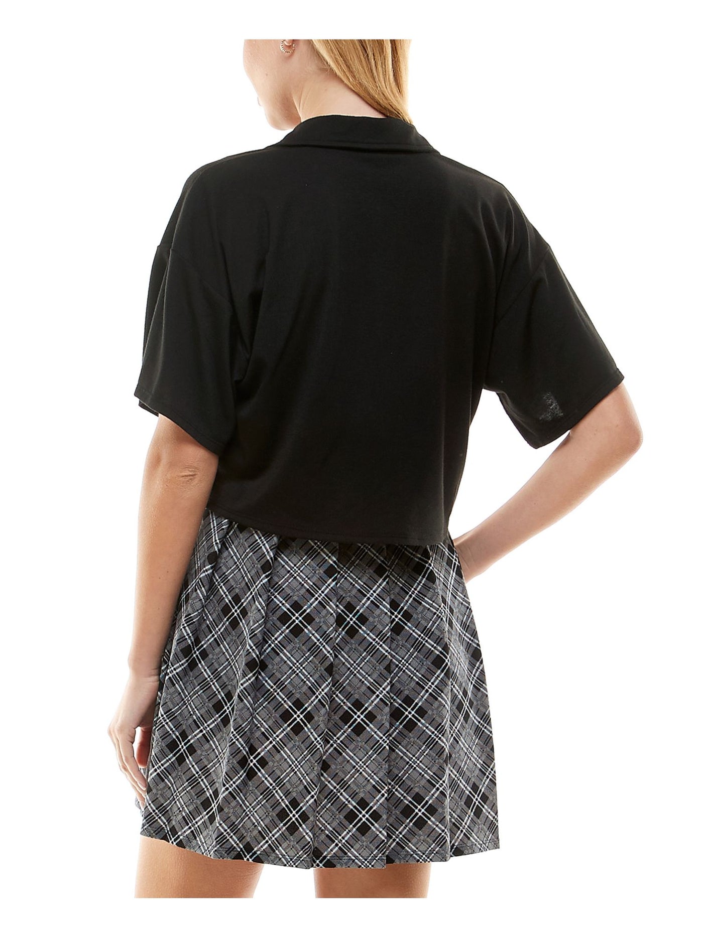 KINGSTON GREY Womens Black Short Sleeve Collared Crop Top Juniors S
