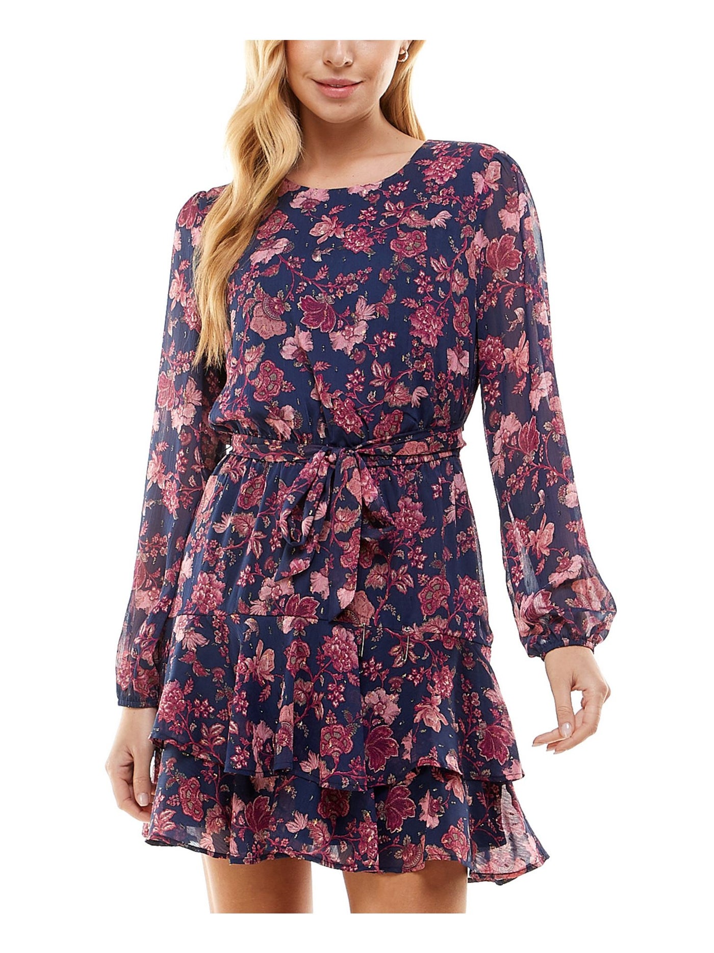 CITY STUDIO Womens Navy Ruffled Lined Keyhole Back Self-tie Belt Floral Blouson Sleeve Crew Neck Short Party Fit + Flare Dress Juniors M
