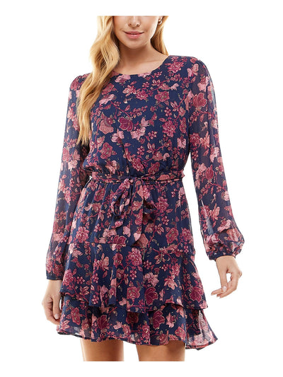 CITY STUDIO Womens Navy Ruffled Lined Keyhole Back Self-tie Belt Floral Blouson Sleeve Crew Neck Short Party Fit + Flare Dress Juniors M