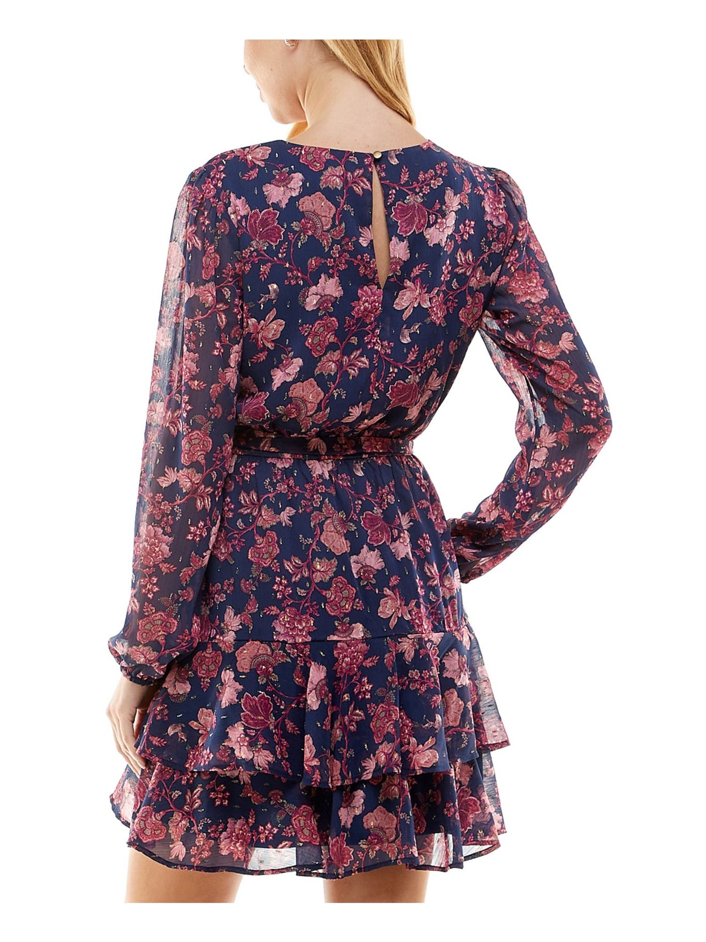 CITY STUDIO Womens Navy Ruffled Lined Keyhole Back Self-tie Belt Floral Blouson Sleeve Crew Neck Short Party Fit + Flare Dress Juniors M
