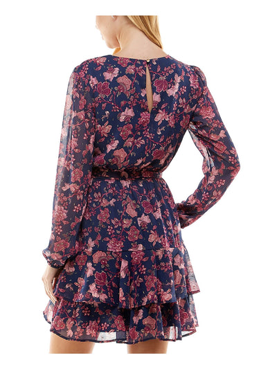 CITY STUDIO Womens Navy Ruffled Lined Keyhole Back Self-tie Belt Floral Blouson Sleeve Crew Neck Short Party Fit + Flare Dress Juniors M