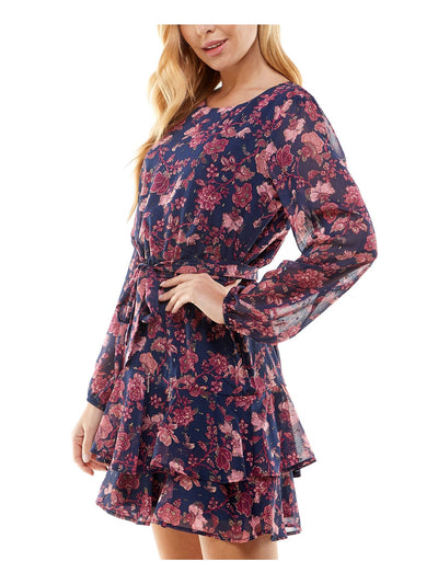 CITY STUDIO Womens Navy Ruffled Lined Keyhole Back Self-tie Belt Floral Blouson Sleeve Crew Neck Short Party Fit + Flare Dress Juniors M