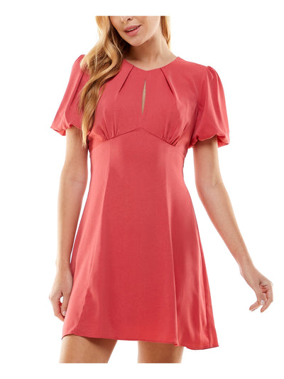 CITY STUDIO Womens Coral Zippered Lined Open Tie Back Pouf Sleeve Keyhole Short Fit + Flare Dress 7