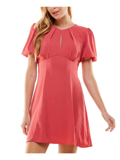 CITY STUDIO Womens Coral Zippered Lined Open Tie Back Pouf Sleeve Keyhole Short Fit + Flare Dress 1