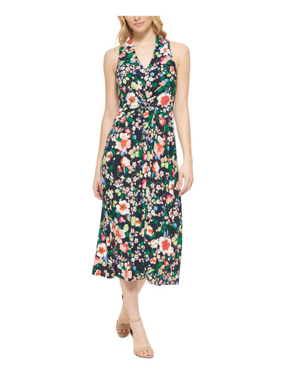 TOMMY HILFIGER Womens Navy Twist Front Floral Sleeveless V Neck Midi Party Fit + Flare Dress 10