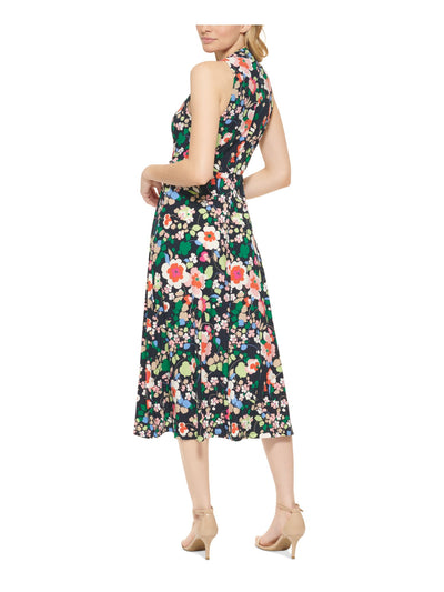 TOMMY HILFIGER Womens Navy Twist Front Floral Sleeveless V Neck Midi Party Fit + Flare Dress 10