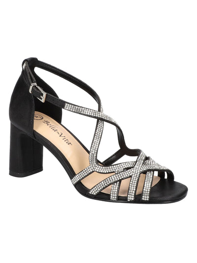 BELLA VITA Womens Black Rhinestone Metallic Padded Aliette Round Toe Block Heel Buckle Dress Heeled Sandal 9 W