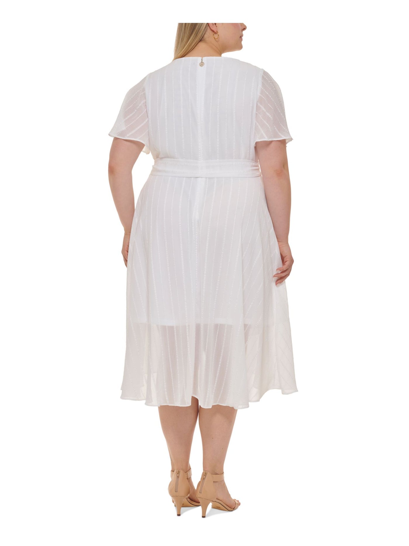 TOMMY HILFIGER Womens White Zippered Belted Hi-lo Hem Lined Flutter Sleeve V Neck Midi Wear To Work Faux Wrap Dress Plus 22W