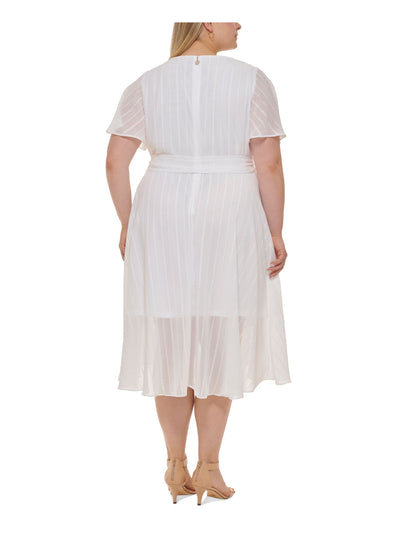 TOMMY HILFIGER Womens White Zippered Belted Hi-lo Hem Lined Flutter Sleeve V Neck Midi Wear To Work Faux Wrap Dress Plus 20W
