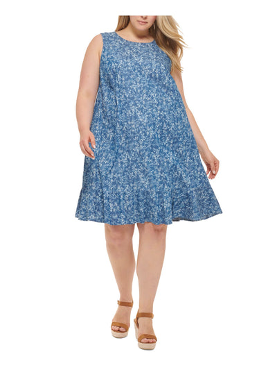 TOMMY HILFIGER Womens Blue Floral Sleeveless Jewel Neck Knee Length Shift Dress Plus 14W