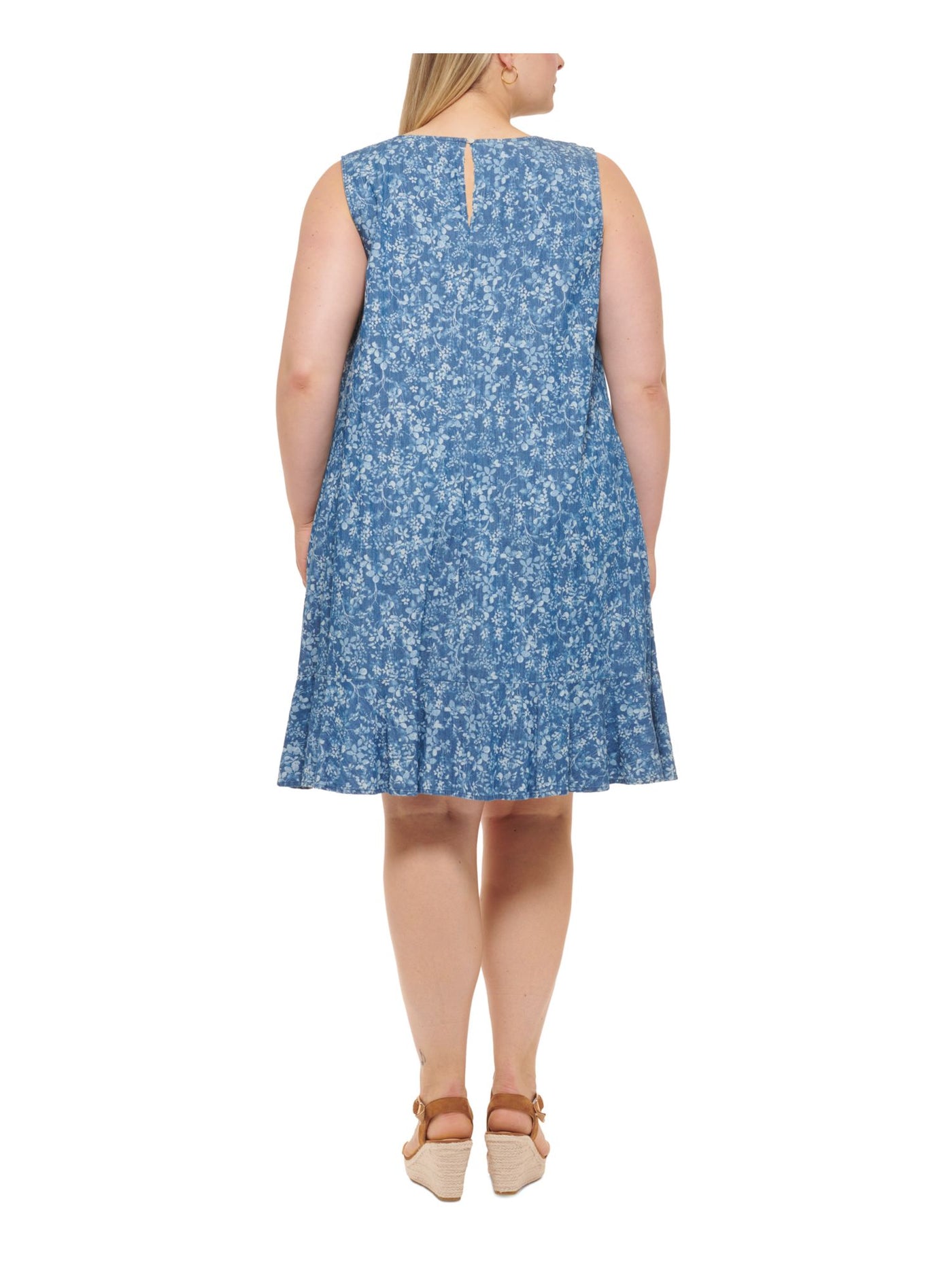 TOMMY HILFIGER Womens Blue Floral Sleeveless Jewel Neck Knee Length Shift Dress Plus 14W