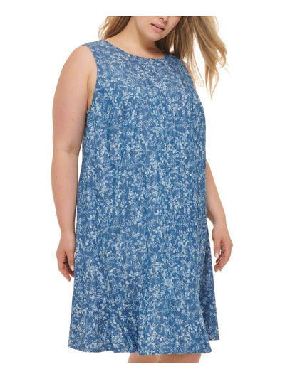 TOMMY HILFIGER Womens Blue Floral Sleeveless Jewel Neck Knee Length Shift Dress Plus 18W