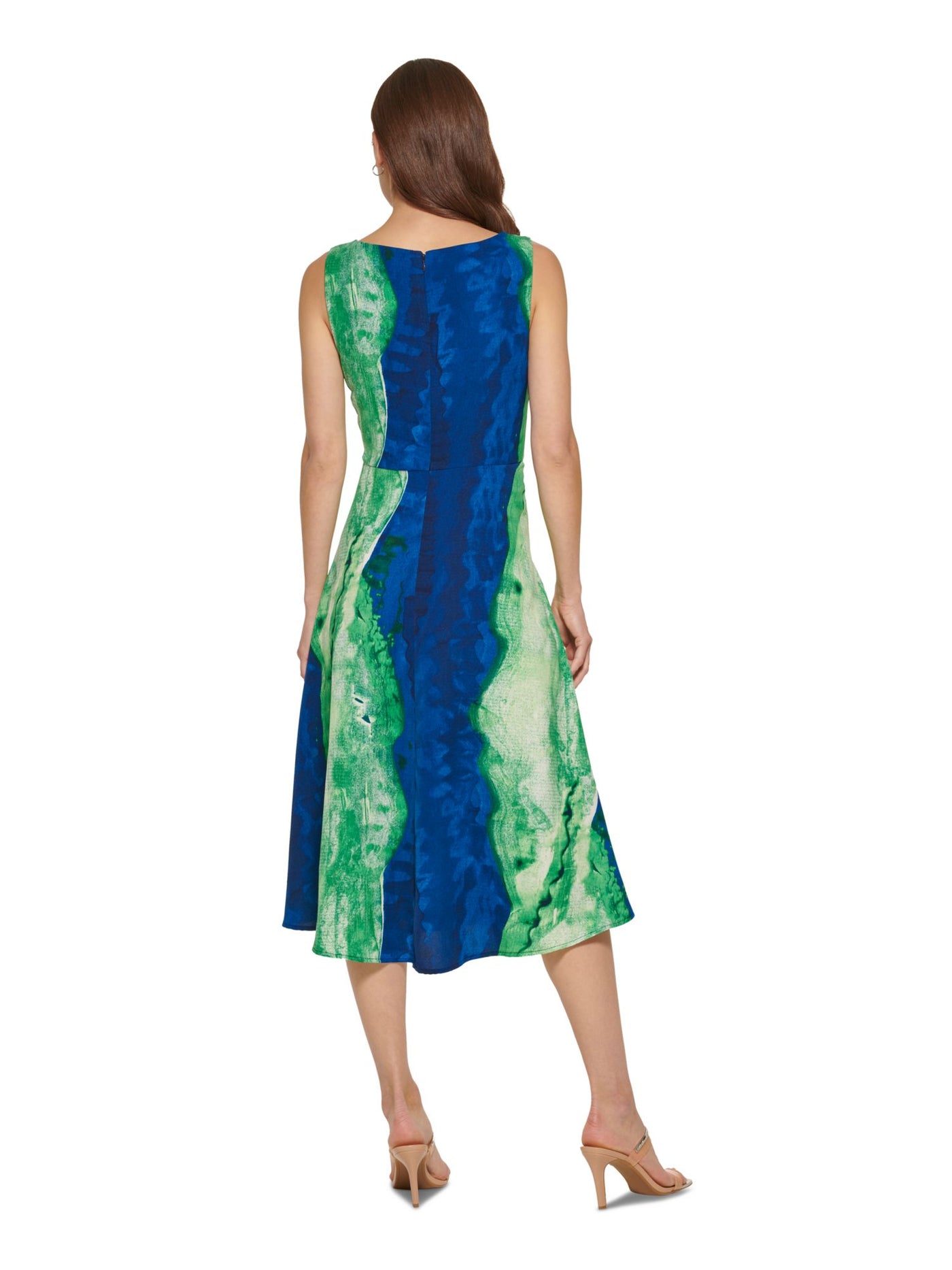 DKNY Womens Green Ruched Zippered Unlined Printed Sleeveless Round Neck Midi Wear To Work Fit + Flare Dress 2