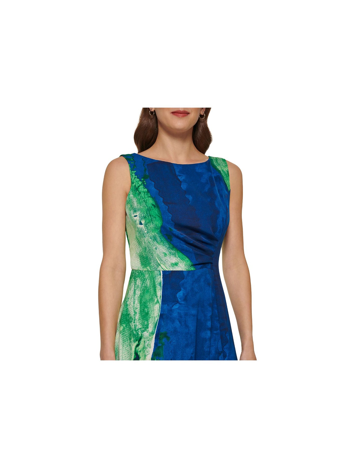 DKNY Womens Green Ruched Zippered Unlined Printed Sleeveless Round Neck Midi Wear To Work Fit + Flare Dress 2